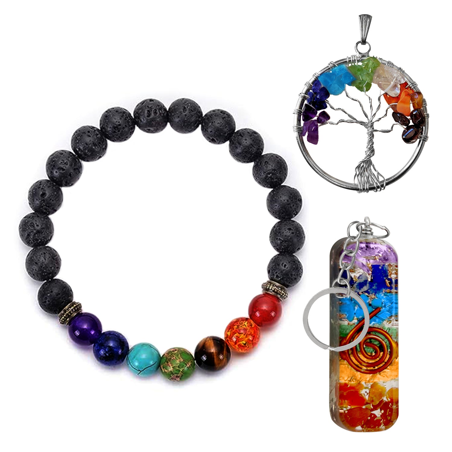 7 Chakra Crystal Bracelet, Pendant & Keychain Set - Healing Stones for ...