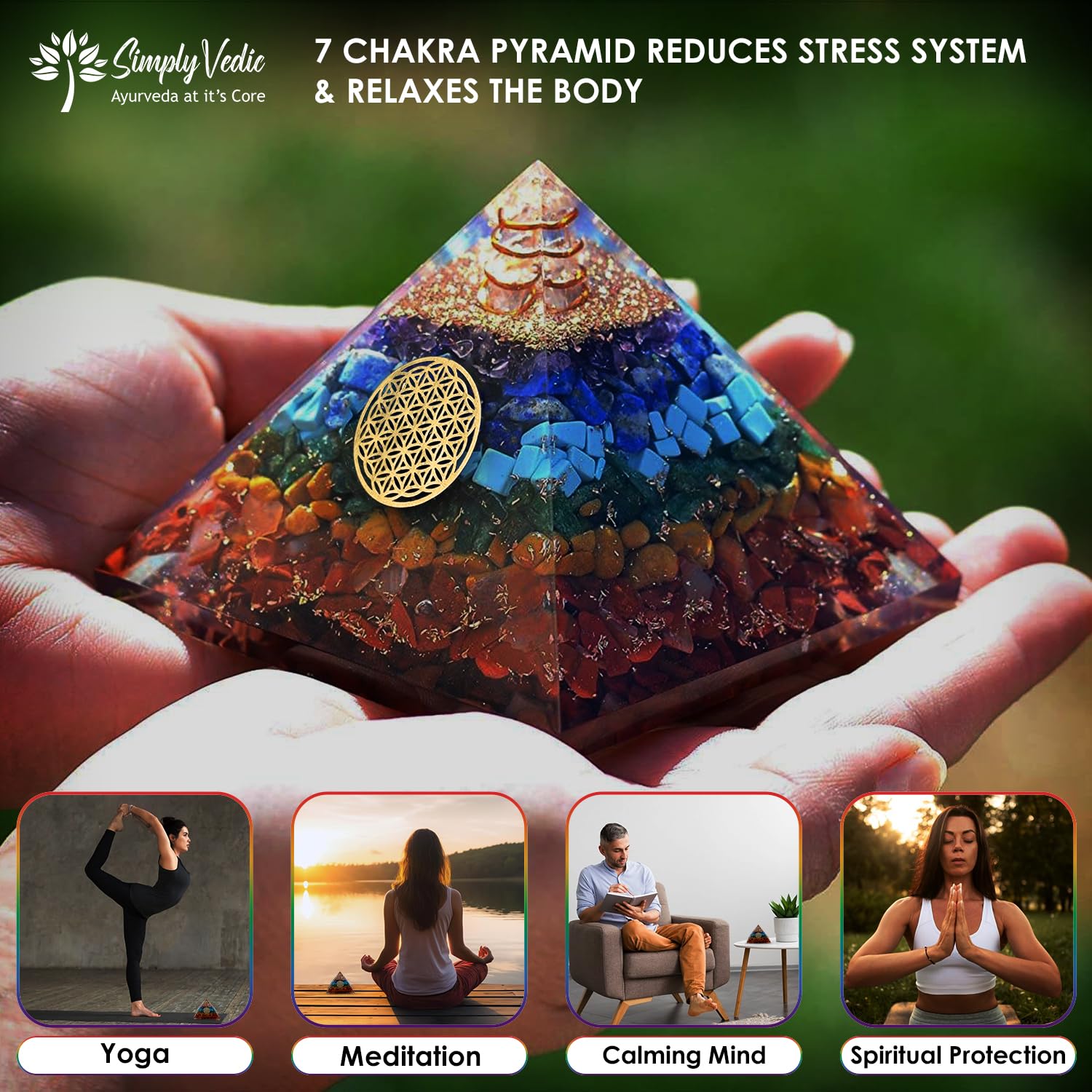 Simply Vedic 7 Chakra Orgonite Pyramid | Natural Healing Stones for Chakra Healing, Positive Energy, Reiki, Money, Health, Good Luck, Prosperity, Feng Shui, Vastu Correction, Office Home Decor Gift simplyvedic Simply Vedic 7 Chakra Orgonite Pyramid | Natural Healing Stones for Chakra Healing, Positive Energy, Reiki, Money, Health, Good Luck, Prosperity, Feng Shui, Vastu Correction, Office Home Decor Gift simplyvedic