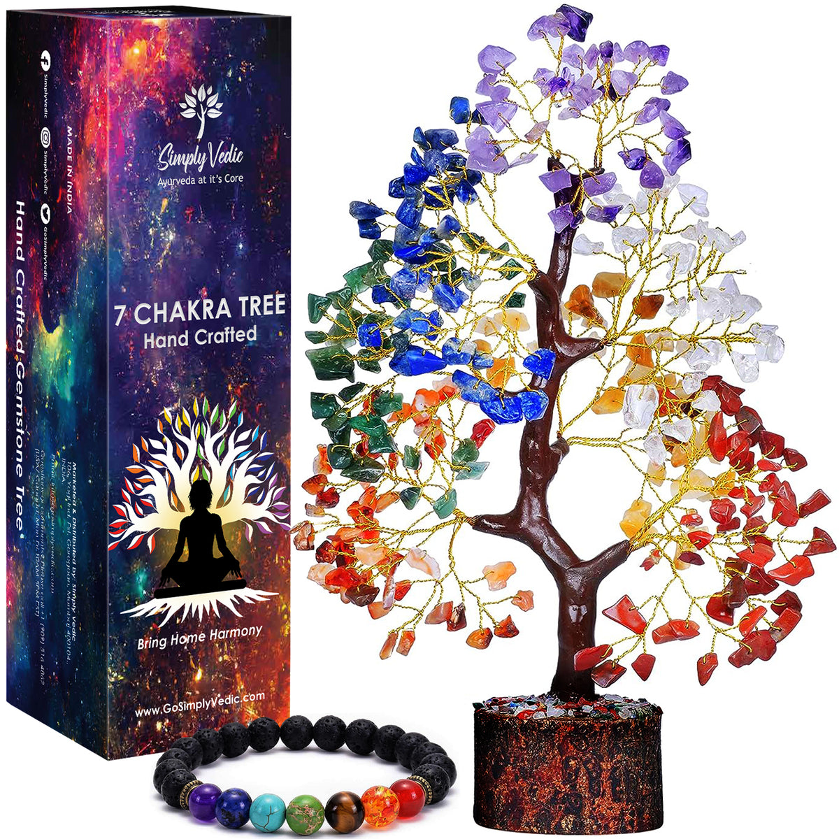 Simply Vedic 7 Chakra Crystal Tree of Life+ Chakra Bracelet| for Chakra Activation, Positive Energy, Good Luck| Natural Healing Gemstones MoneyTree Feng Shui, Spiritual Gift, Home Decor| Handmade simplyvedic