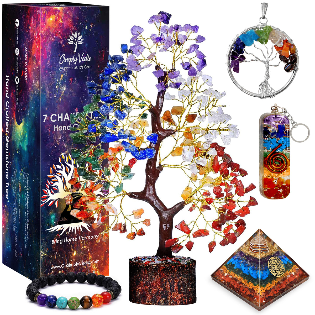 Simply Vedic 7 Chakra Crystal Tree of Life+ Pyramid+ Keychain+ Bracelet+ Pendent| for Chakra Activation, Positive Energy, Good Luck| Natural Healing Gemstones, Feng Shui, Spiritual Gift, Home Decor simplyvedic