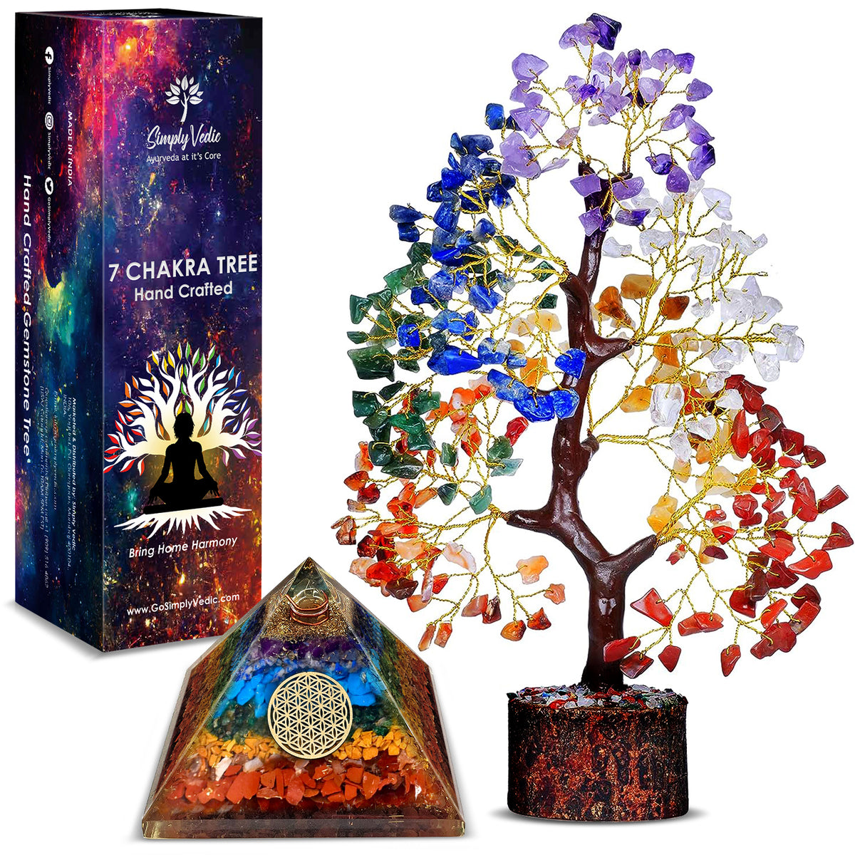 Simply Vedic 7 Chakra Crystal Tree of Life+ Chakra Pyramid| for Chakra Activation, Positive Energy, Good Luck| Natural Healing Gemstones MoneyTree Feng Shui, Spiritual Gift, Home Decor| Handmade simplyvedic