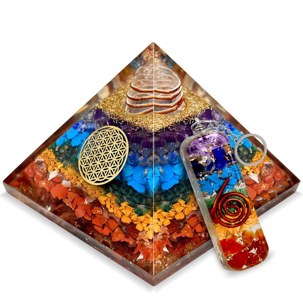 Simply Vedic 7 Chakra Orgonite Pyramid+ Keychain| Natural Crystals Stones for Chakra Healing, Positive Energy, Reiki, Money, Health, Good Luck, Prosperity, Feng Shui, Vastu, Office, Home Decor Gift simplyvedic