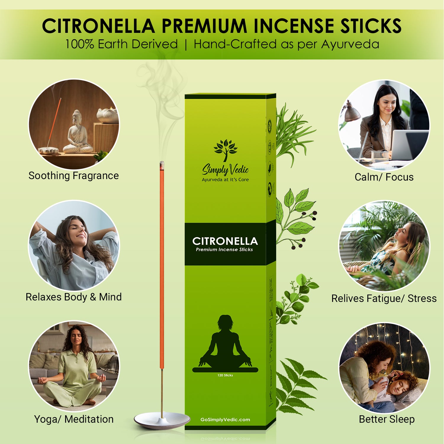 Simply-Vedic Citronella Incense Stick (Approx 120 Sticks, 250 Grams) Premium Handmade Agarbatti| Lasts 60 Minutes| Ideal for Piece, Harmony, Comfort in Indoor/Outdoor Use|Gift Set| simplyvedic