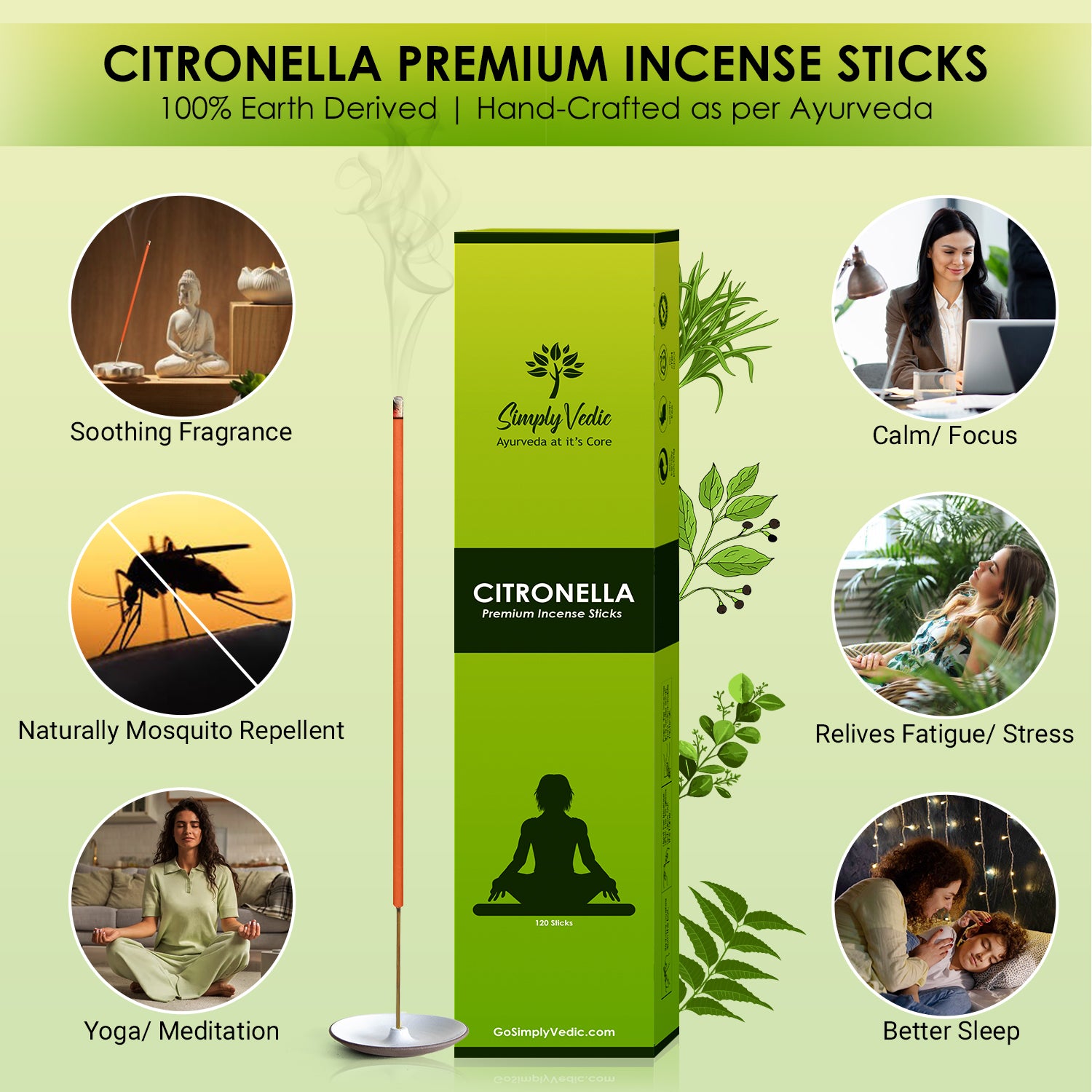 Simply-Vedic Citronella Incense Stick (Approx 120 Sticks, 250 Grams) Premium Handmade Agarbatti| Lasts 60 Minutes| Ideal for Piece, Harmony, Comfort in Indoor/Outdoor Use|Gift Set| simplyvedic