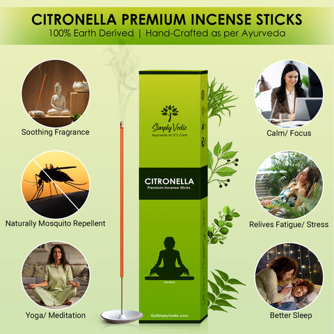 Simply-Vedic Citronella Incense Stick (Approx 120 Sticks, 250 Grams) Premium Handmade Agarbatti| Lasts 60 Minutes| Ideal for Piece, Harmony, Comfort in Indoor/Outdoor Use|Gift Set| simplyvedic