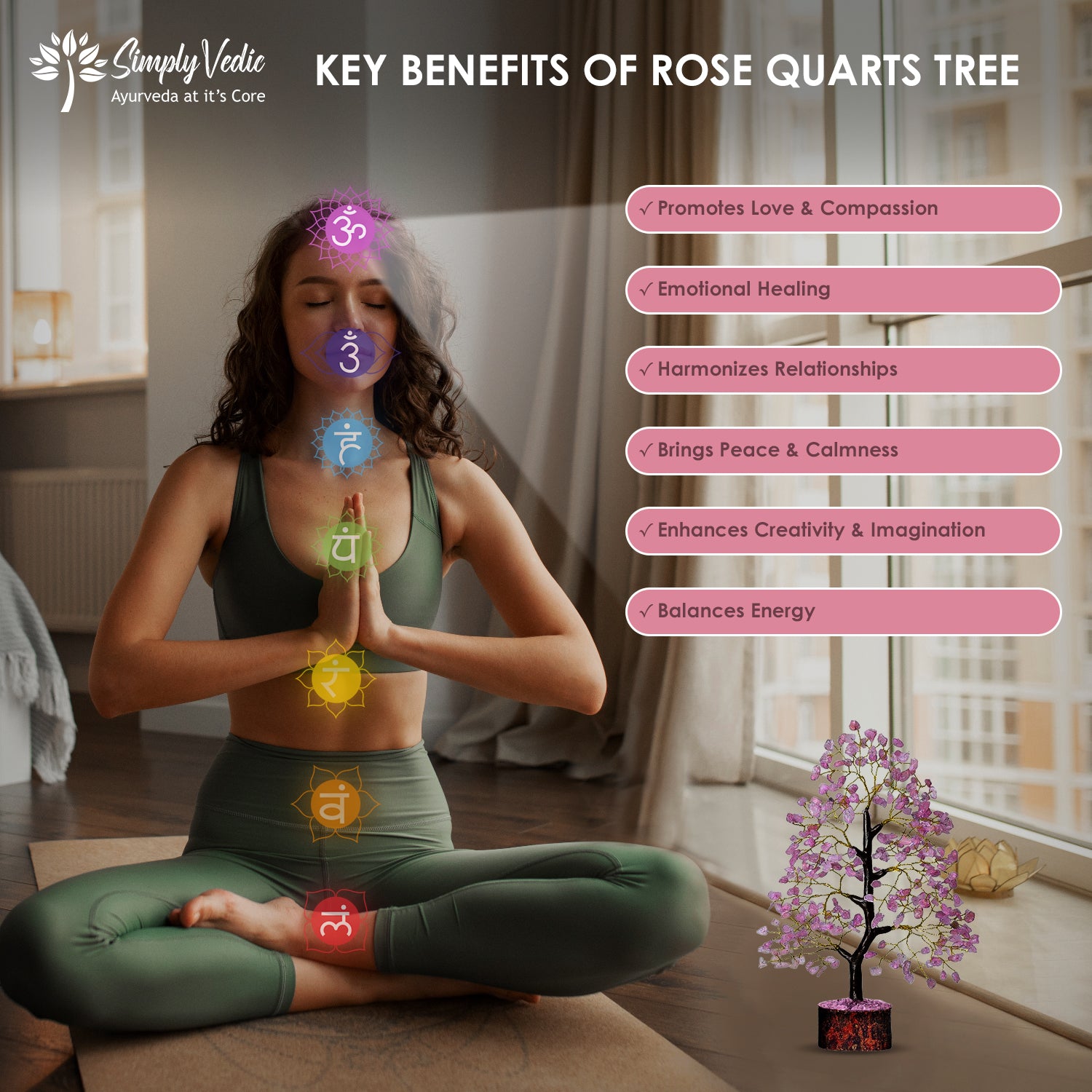 Simply Vedic Chakra Rose Quartz Crystal Tree| for Positive Energy, Good Luck | Natural Healing Gemstones MoneyTree Feng Shui, Spiritual Gift, Home Decor| Handmade by Traditional Artist simplyvedic