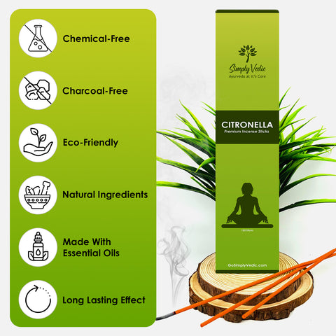 Simply-Vedic Citronella Incense Stick (Approx 120 Sticks, 250 Grams) Premium Handmade Agarbatti| Lasts 60 Minutes| Ideal for Piece, Harmony, Comfort in Indoor/Outdoor Use|Gift Set| simplyvedic