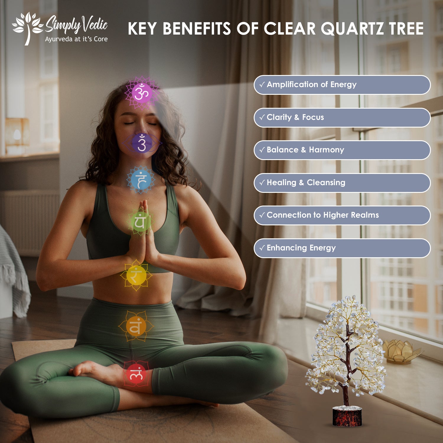 Simply Vedic Chakra Clean Quartz Crystal Tree| for Positive Energy, Good Luck | Natural Healing Gemstones MoneyTree Feng Shui, Spiritual Gift, Home Decor| Handmade by Traditional Artist simplyvedic