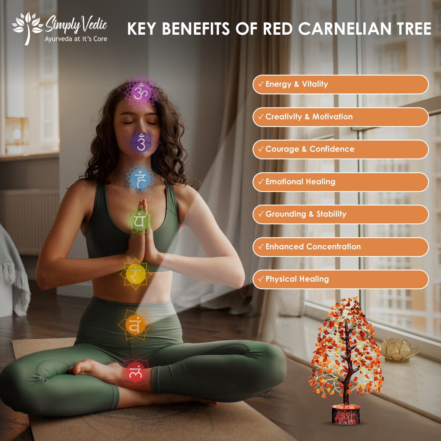 Simply Vedic Chakra Red Carnelian Crystal Tree| for Positive Energy, Good Luck | Natural Healing Gemstones MoneyTree Feng Shui, Spiritual Gift, Home Decor| Handmade by Traditional Artist simplyvedic