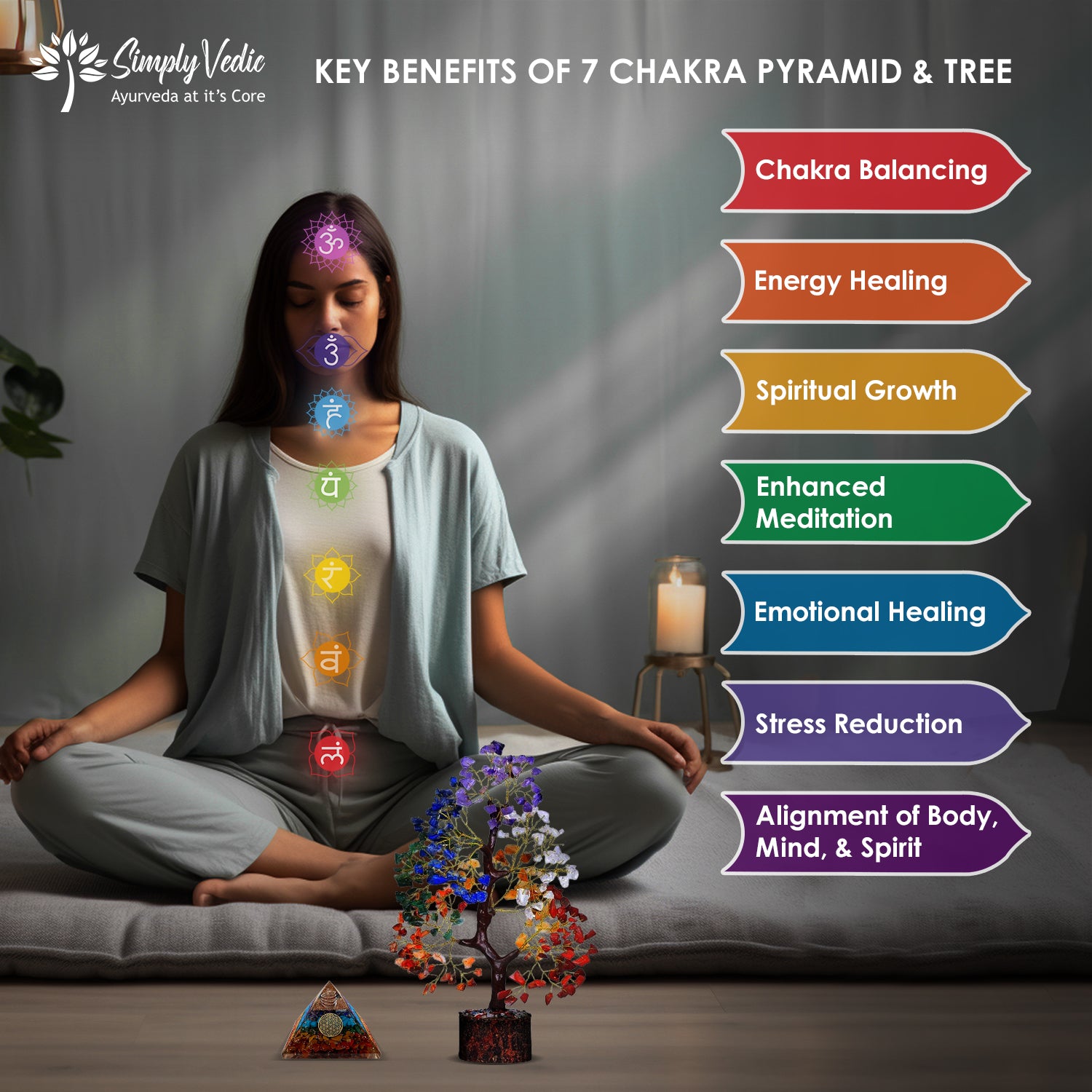 Simply Vedic 7 Chakra Crystal Tree of Life+ Chakra Pyramid| for Chakra Activation, Positive Energy, Good Luck| Natural Healing Gemstones MoneyTree Feng Shui, Spiritual Gift, Home Decor| Handmade simplyvedic