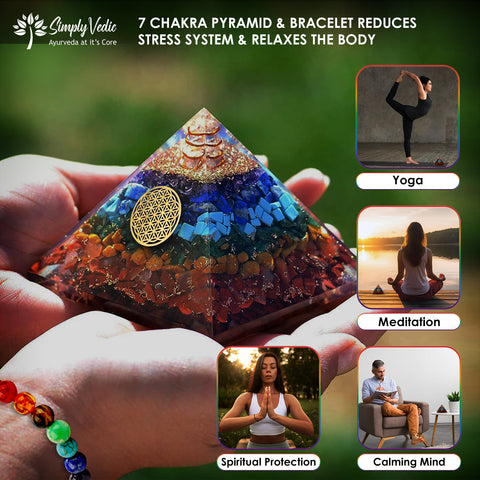 Simply Vedic 7 Chakra Orgonite Pyramid+ Bracelet| Natural Crystals Stones for Chakra Healing, Positive Energy, Reiki, Money, Health, Good Luck, Prosperity, Feng Shui, Vastu, Office, Home Decor Gift simplyvedic