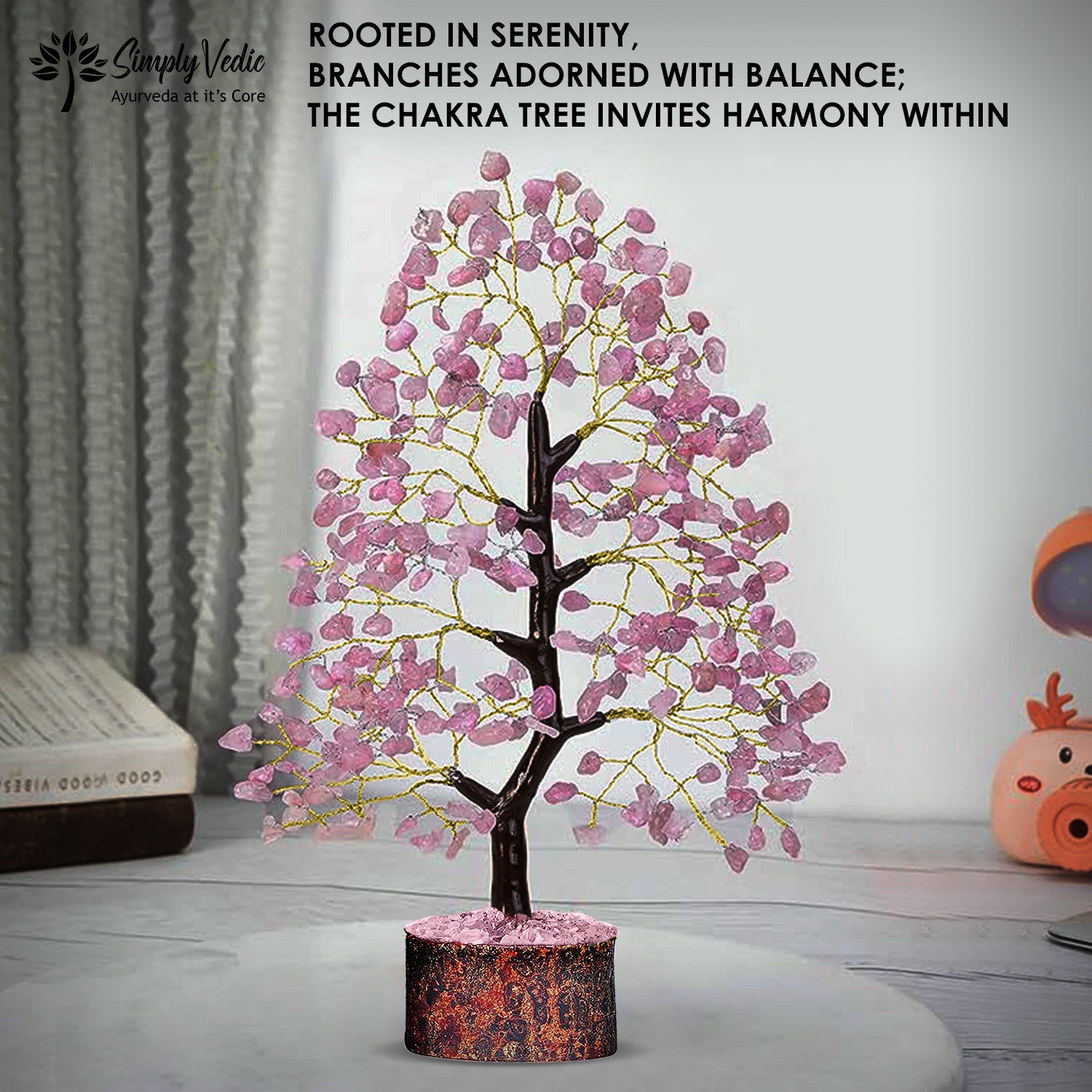 Simply Vedic Chakra Rose Quartz Crystal Tree| for Positive Energy, Good Luck | Natural Healing Gemstones MoneyTree Feng Shui, Spiritual Gift, Home Decor| Handmade by Traditional Artist simplyvedic