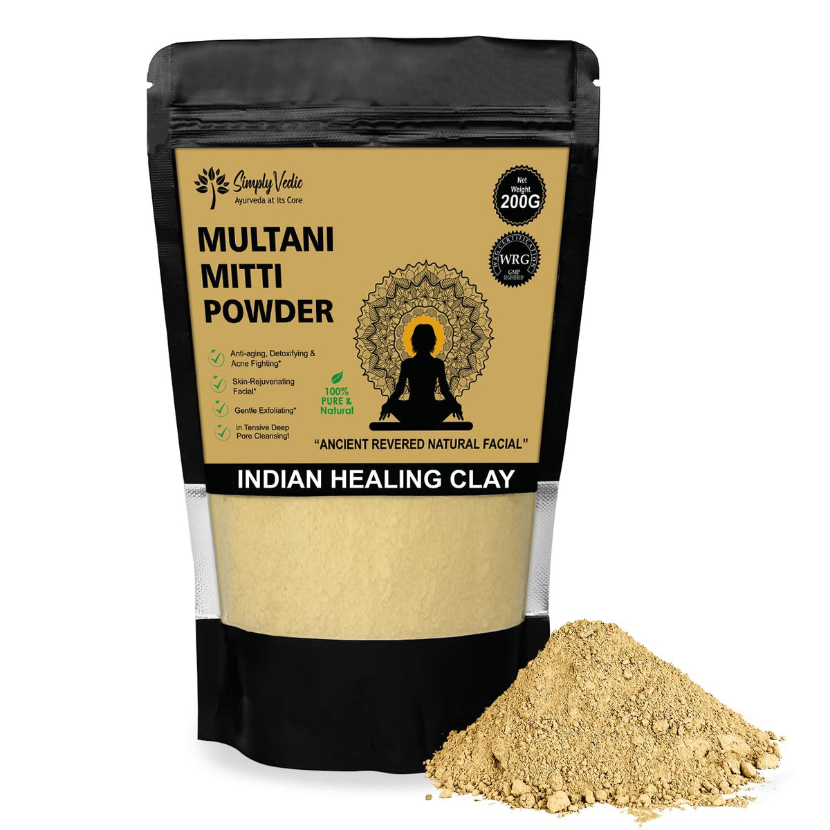 Simply Vedic 100% Natural Multani Mitti Powder Face Pack (200Gms-Pack1) For Exfoliating Soothing Nourishing Face, Skin & Hair| Indian Healing Clay/Calcium Bentonite Clay/Fuller's Earth/Body Mask simplyvedic