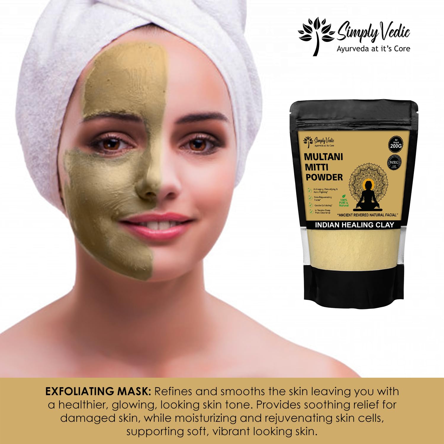 Simply Vedic 100% Natural Multani Mitti Powder Face Pack (200Gms-Pack1) For Exfoliating Soothing Nourishing Face, Skin & Hair| Indian Healing Clay/Calcium Bentonite Clay/Fuller's Earth/Body Mask simplyvedic