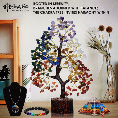 Simply Vedic 7 Chakra Crystal Tree of Life+ Pyramid+ Keychain+ Bracelet+ Pendent| for Chakra Activation, Positive Energy, Good Luck| Natural Healing Gemstones, Feng Shui, Spiritual Gift, Home Decor simplyvedic