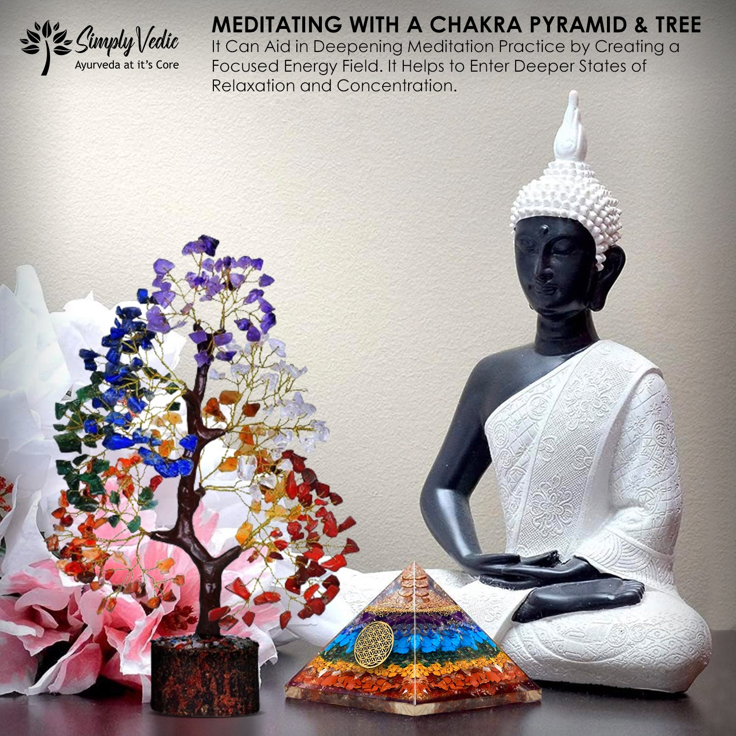 Simply Vedic 7 Chakra Crystal Tree of Life+ Chakra Pyramid| for Chakra Activation, Positive Energy, Good Luck| Natural Healing Gemstones MoneyTree Feng Shui, Spiritual Gift, Home Decor| Handmade simplyvedic