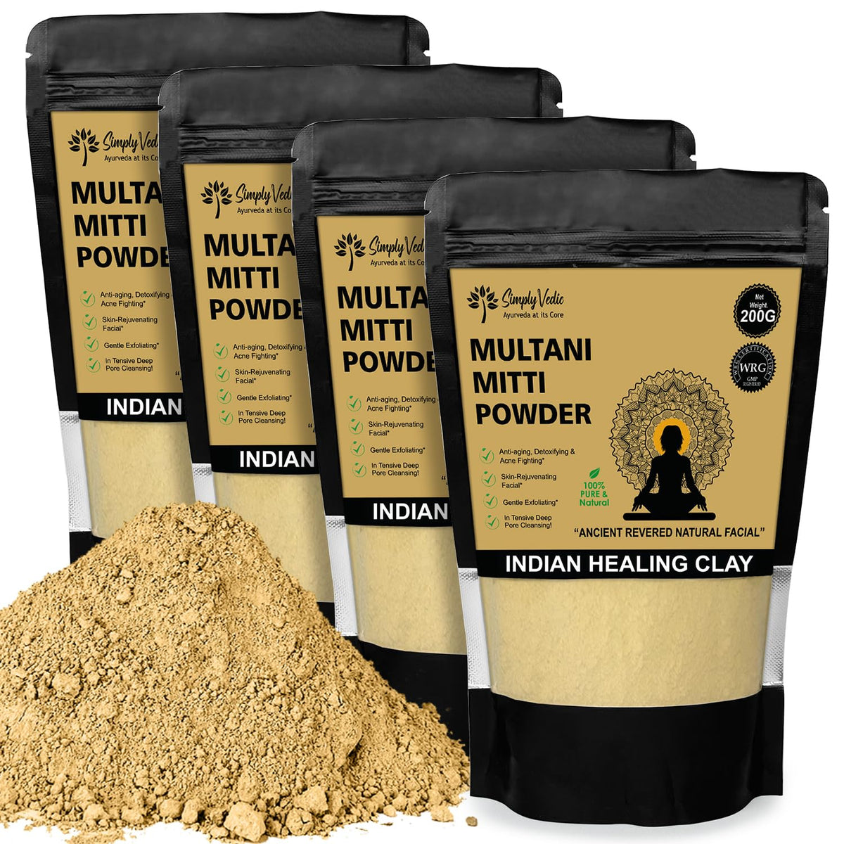 Simply Vedic 100% Natural Multani Mitti Powder Face Pack (200Gms-Pack4) For Exfoliating Soothing Nourishing Face, Skin & Hair| Organic Indian Healing Clay Body Mask simplyvedic