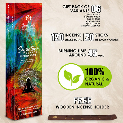 Simply Vedic Signature Incense Sticks Set of 6 Insense (120 Sticks) Sandalwood, Nag Champa, Oudh, Palo Santo, Sage, Lavender Variety Gift Pack | Natural Non-Toxic| For Aromatherapy, Cleansing, Prayers