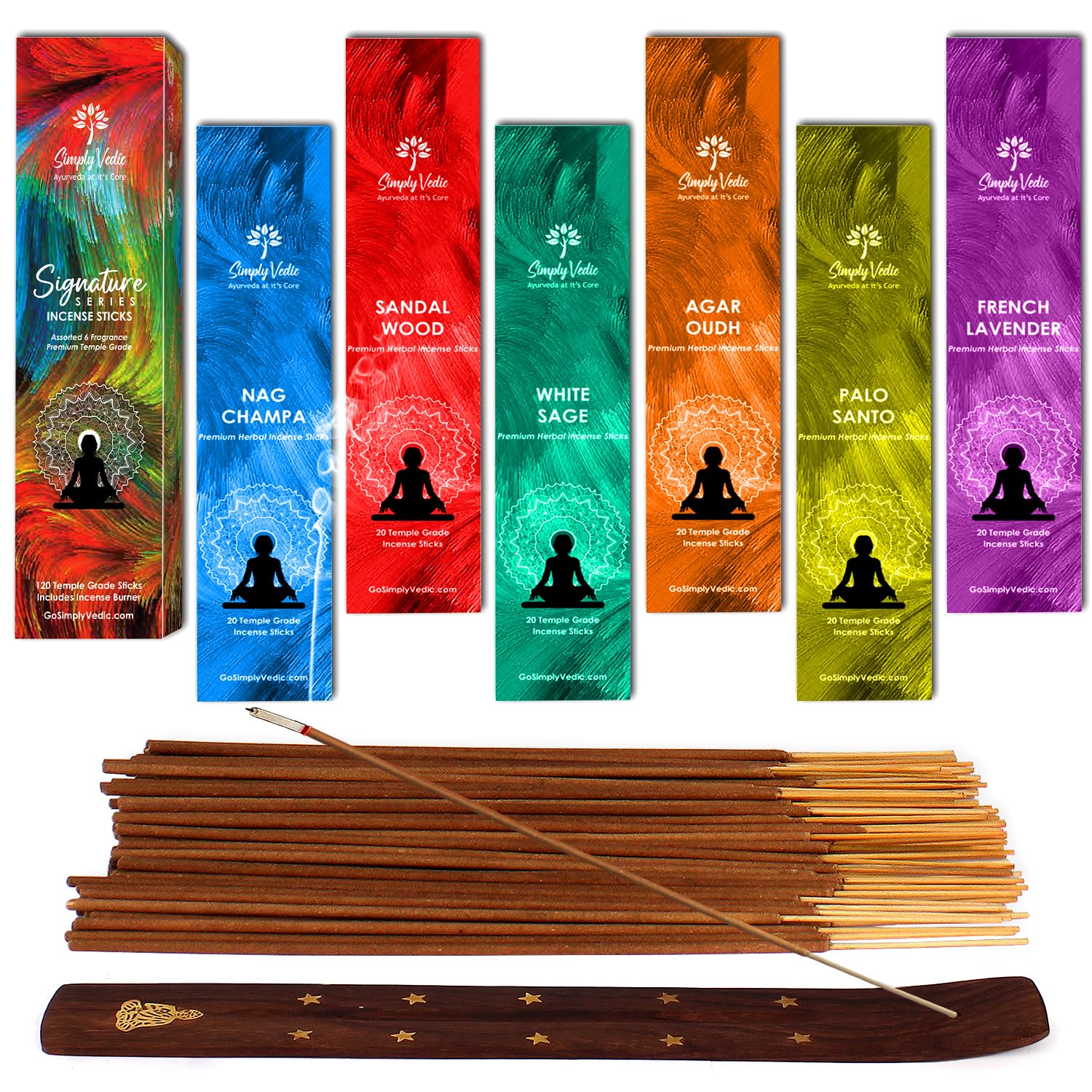 Simply Vedic Signature Incense Sticks Set of 6 Insense (120 Sticks) Sandalwood, Nag Champa, Oudh, Palo Santo, Sage, Lavender Variety Gift Pack | Natural Non-Toxic| For Aromatherapy, Cleansing, Prayers simplyvedic